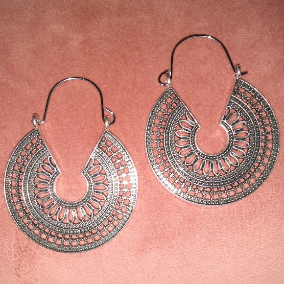 Mandala Silver Filigree CutOut Metal Lace Hoop Earrings Big Hoops Bohemian New - Picture 2 of 10